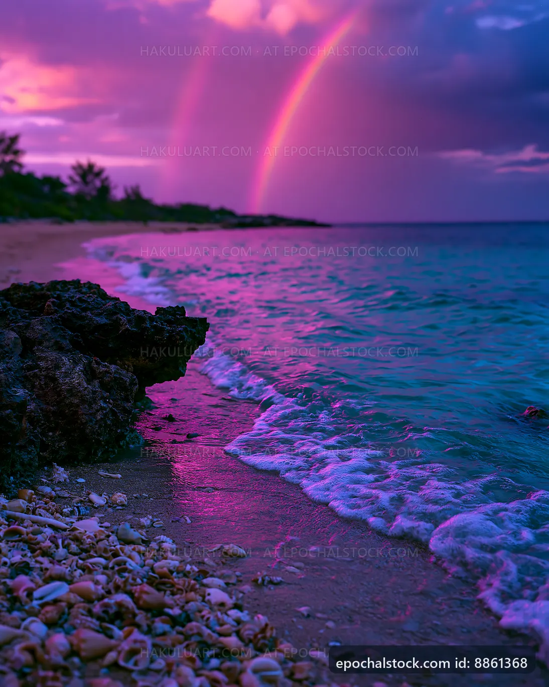 Vibrant sunset with rainbow over the ocean shore