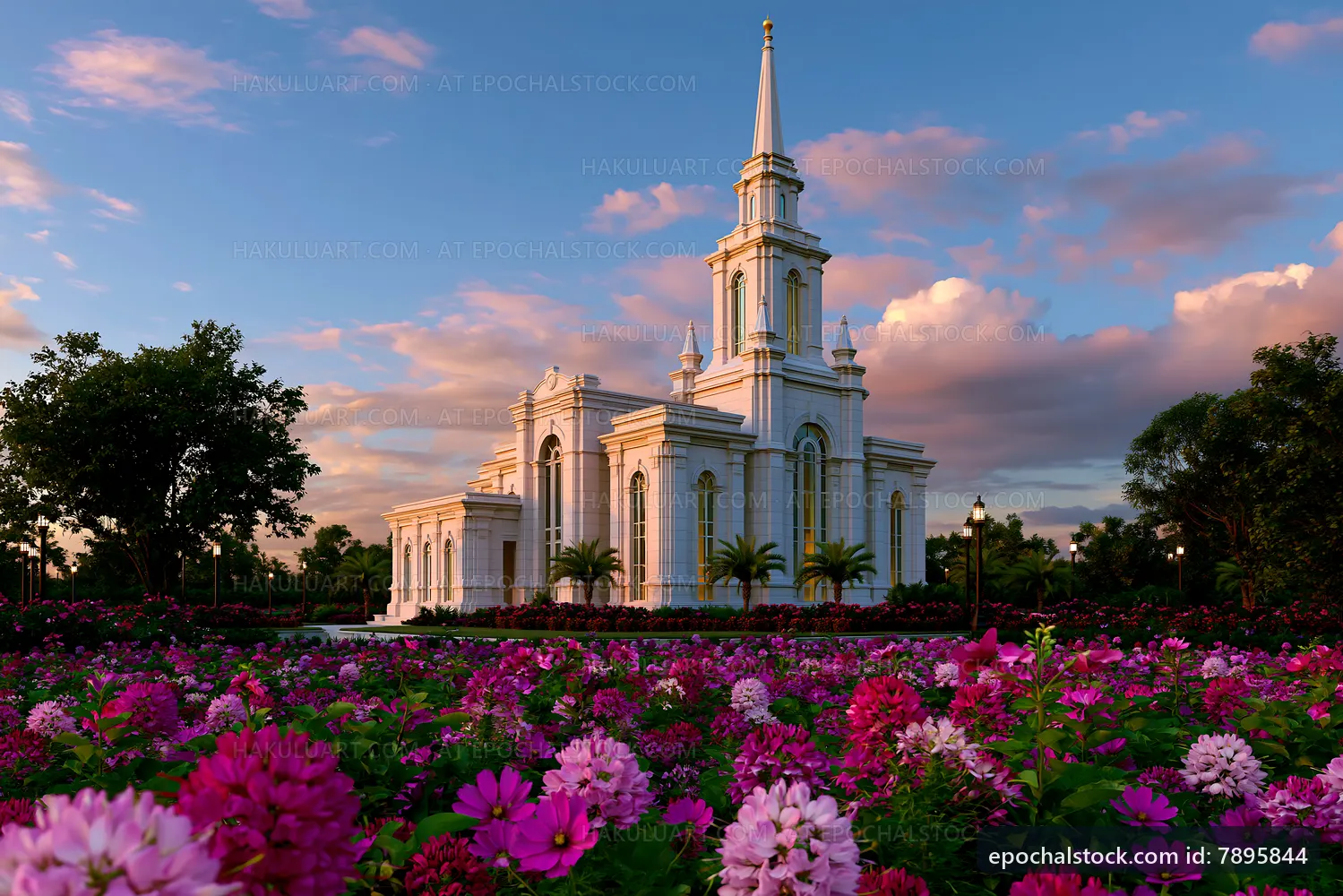 Church building surrounded by flowers in bright sunlight
