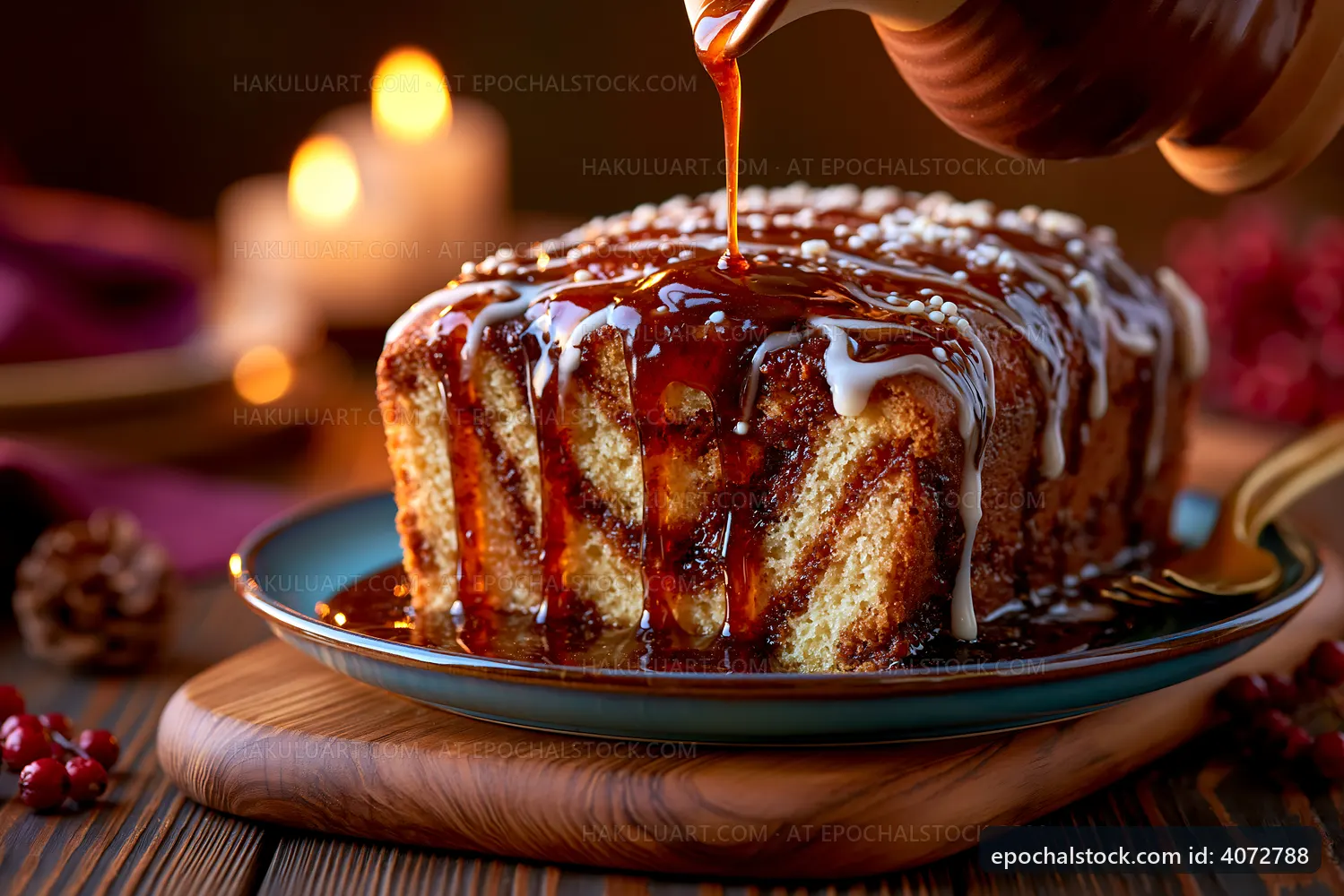 Delicious dessert with caramel sauce and icing on a wooden table