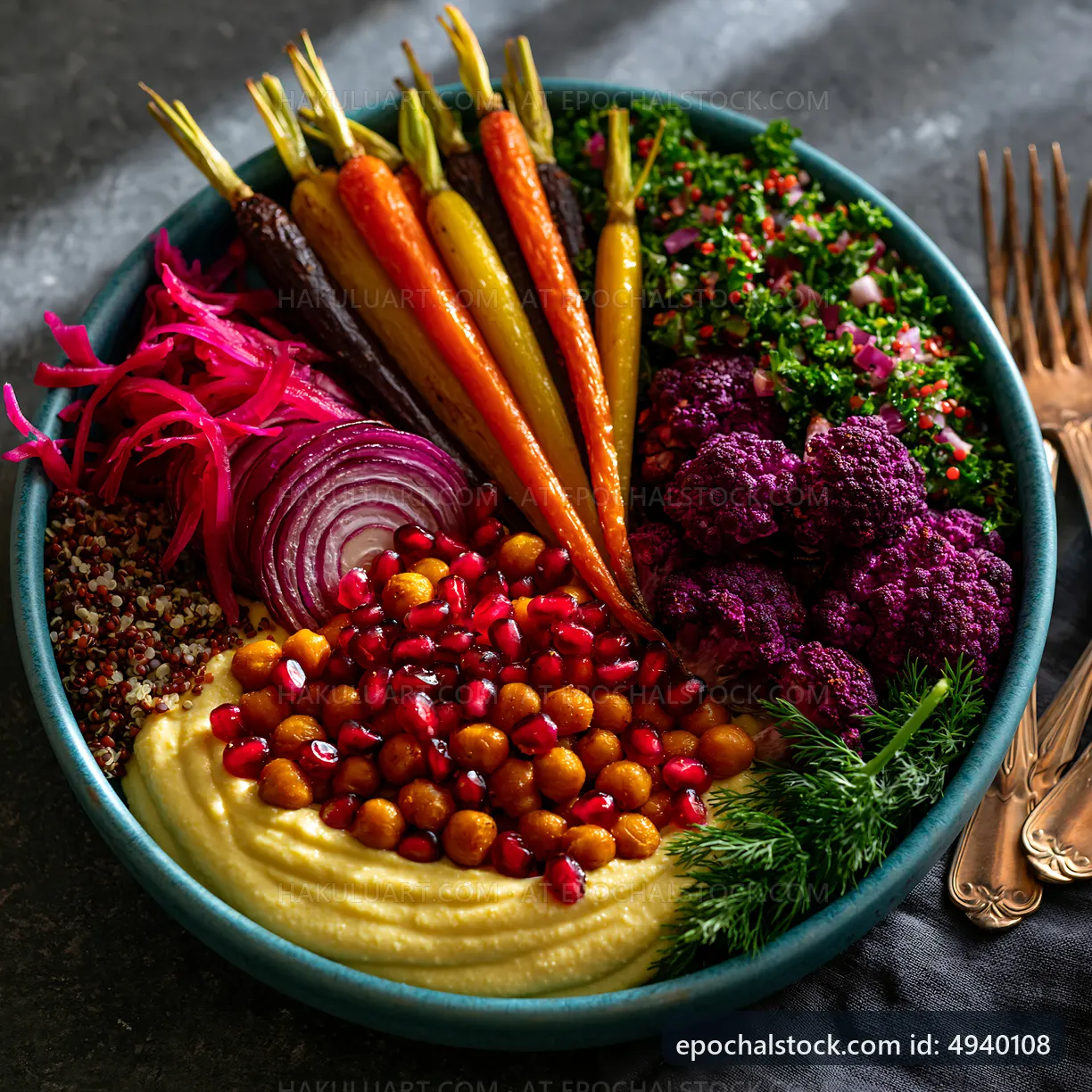 Colorful healthy bowl with hummus, vegetables, and grains