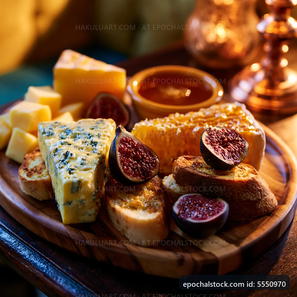 Cheese platter with figs and bread on wooden board