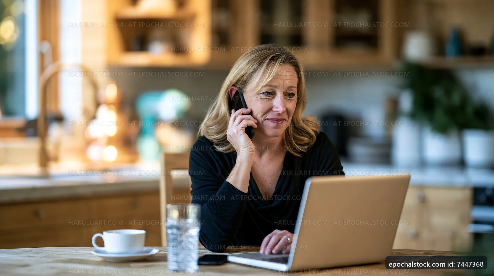 Woman talking on smartphone while working on laptop at home
