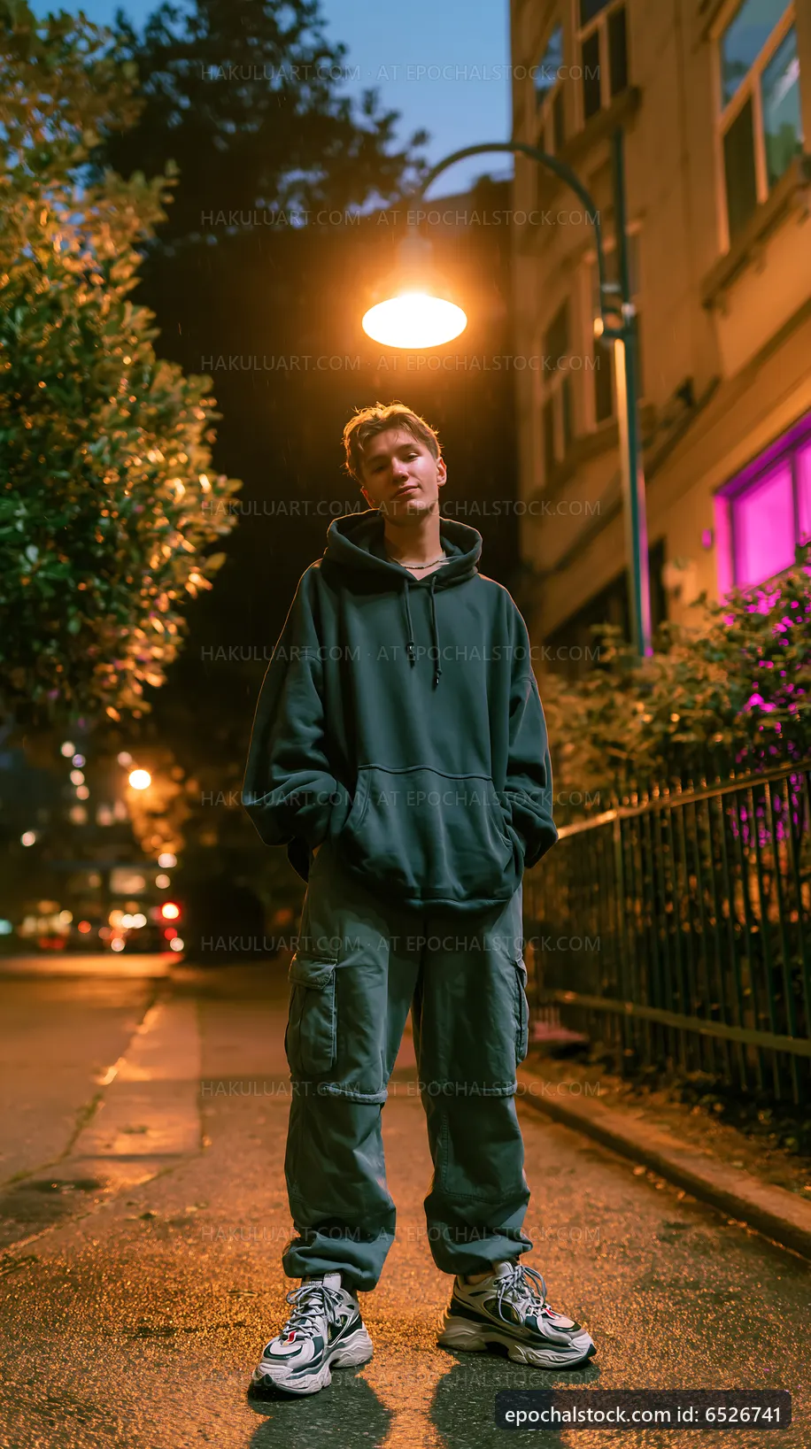 Model standing under streetlight on urban street at night