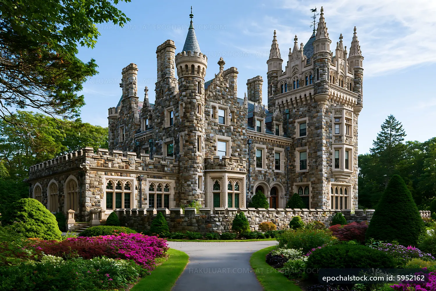 Historic castle surrounded by greenery and colorful flowers