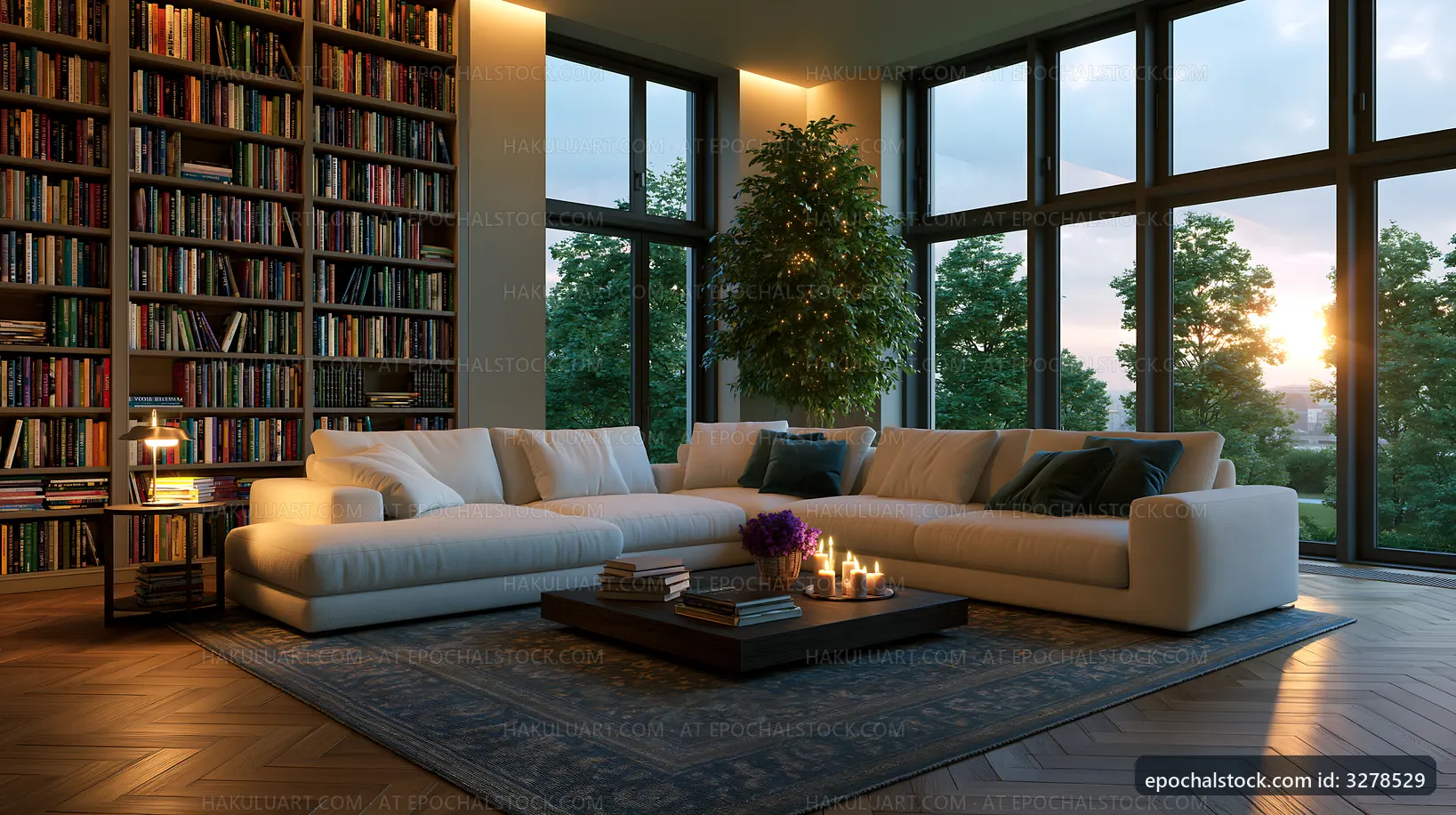 Cozy living room with large windows and bookshelves at sunset