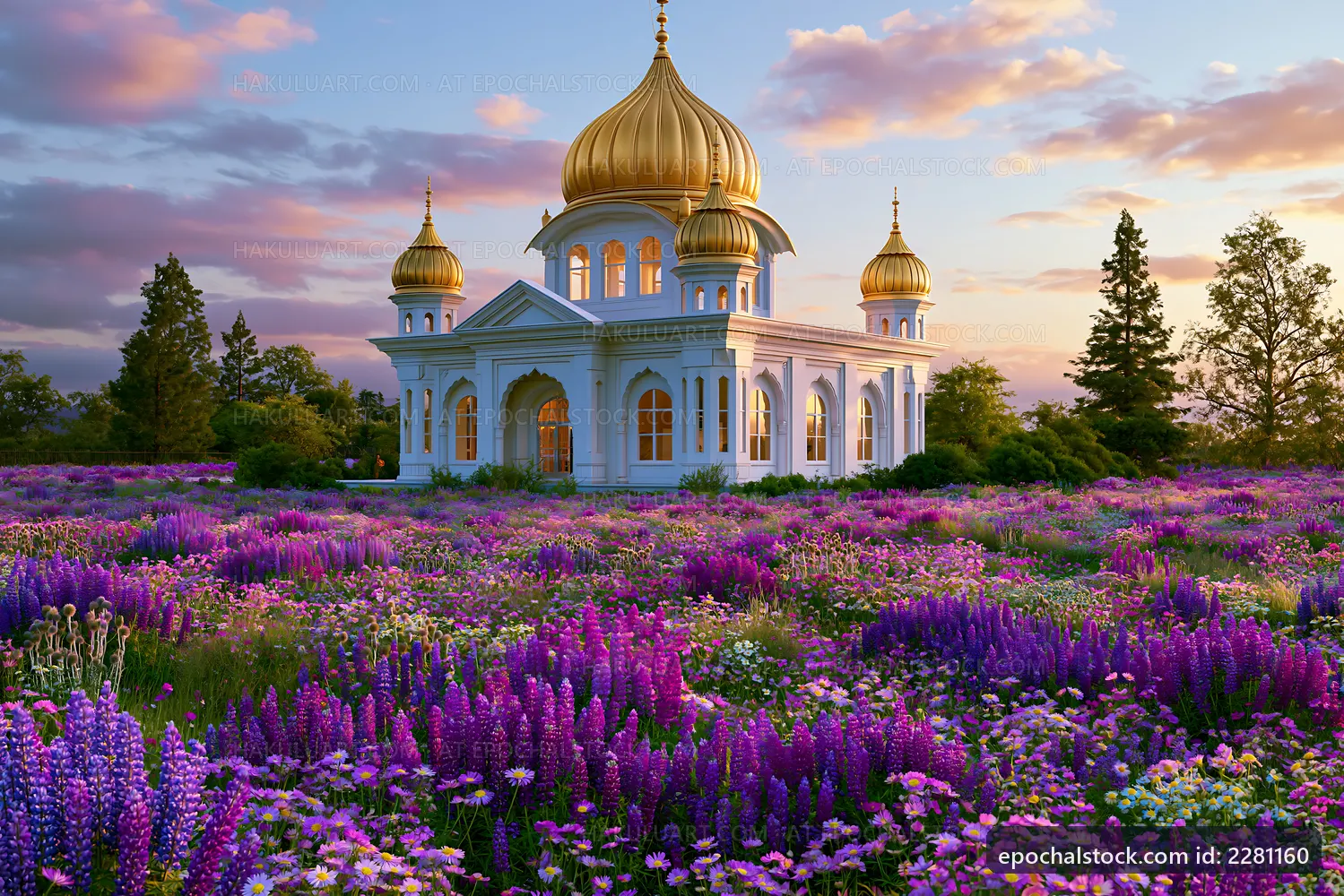 Golden dome building surrounded by purple flowers at sunset