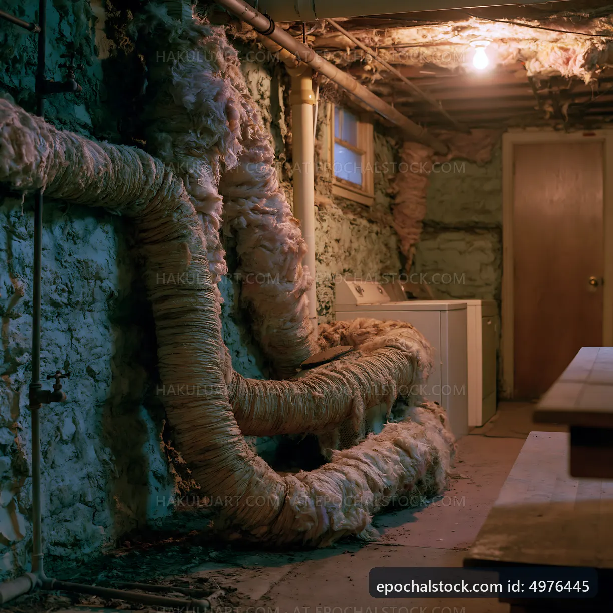Old basement with exposed pipes and laundry area