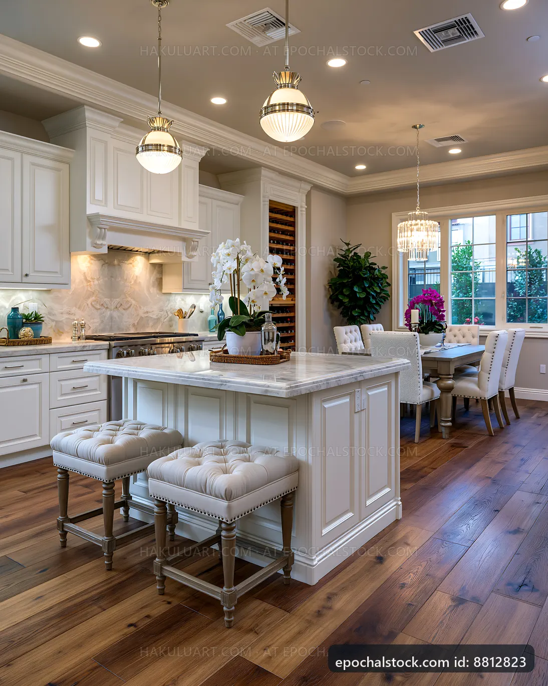 Modern kitchen with island and dining area in a stylish home