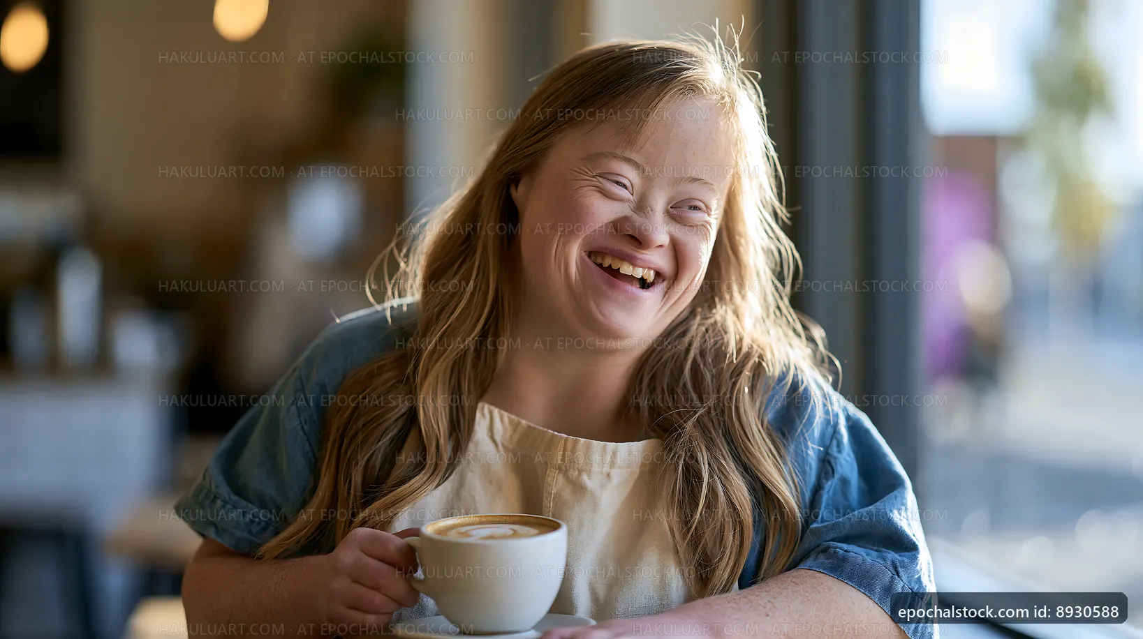 Woman enjoying coffee in a cafe with a warm smile