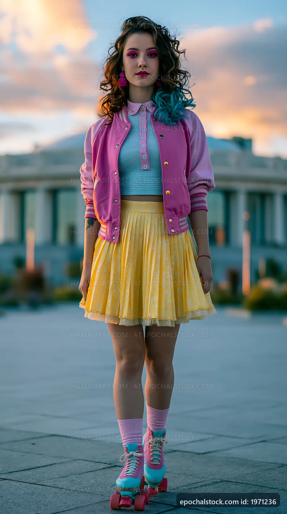 Young woman in colorful outfit and roller skates in city park