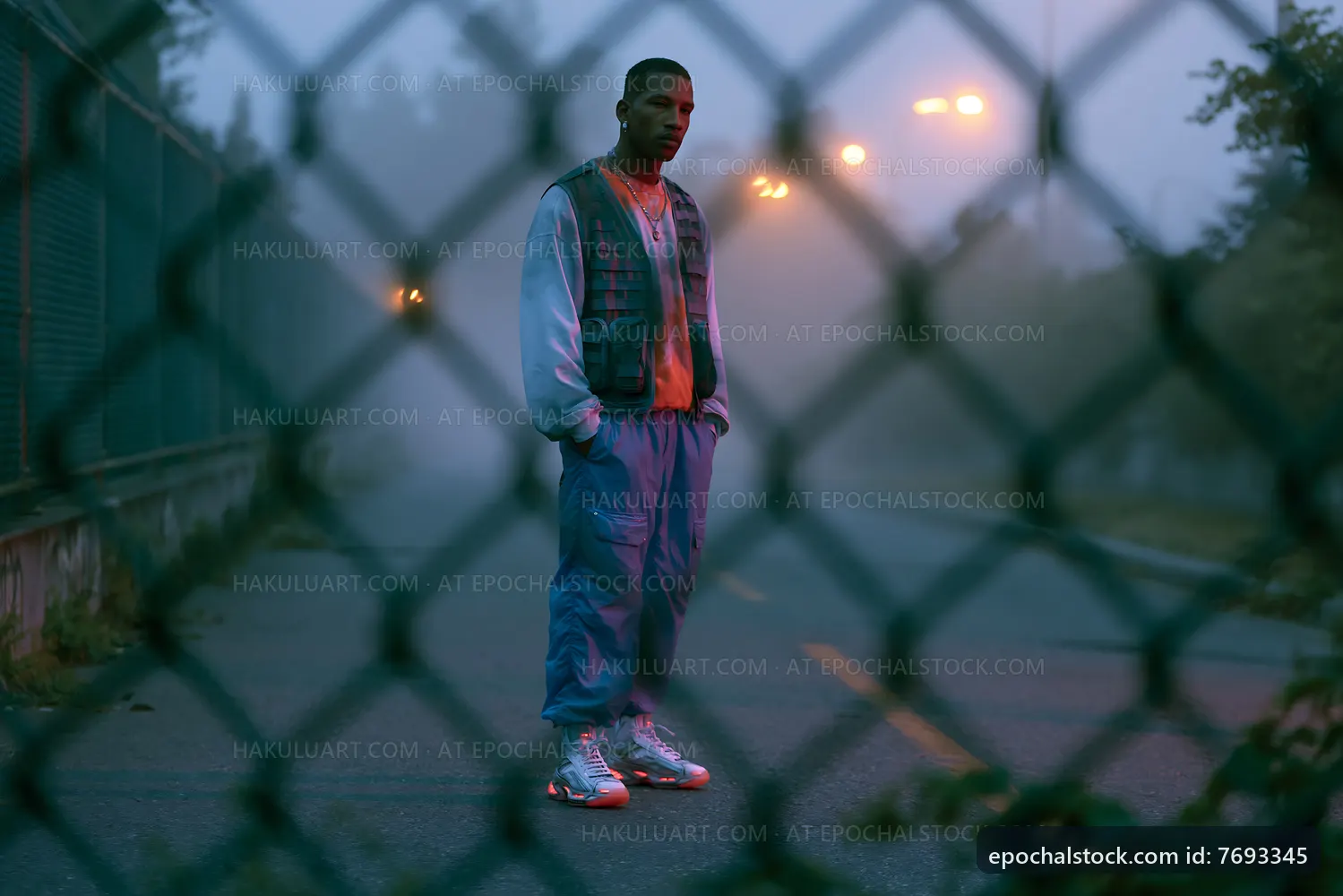 Man standing by fence in foggy urban area during evening