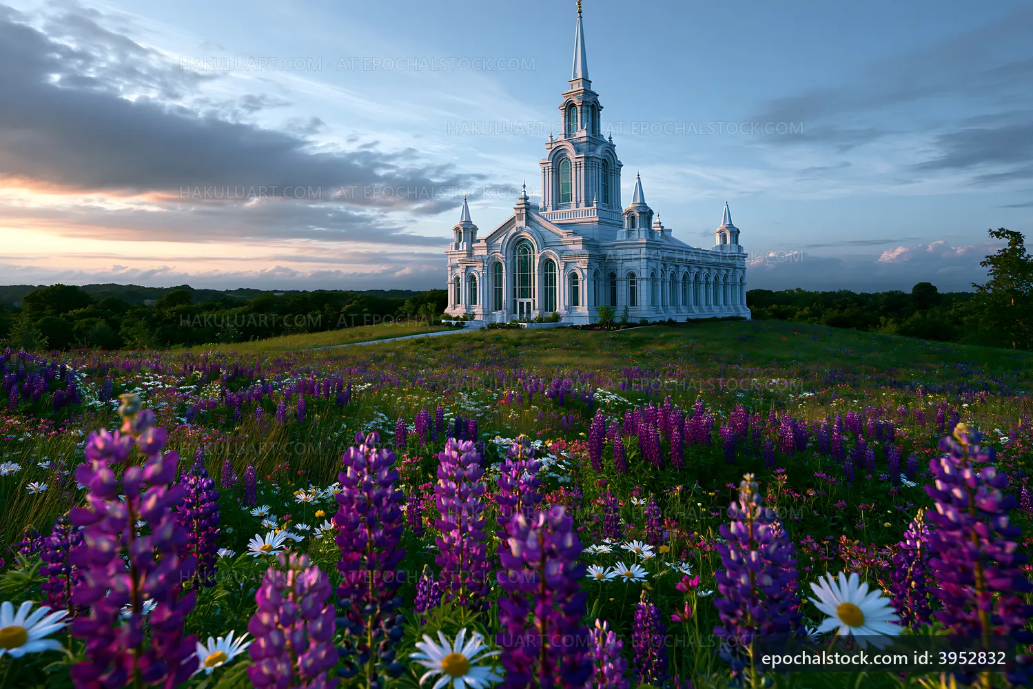 Church surrounded by colorful flowers on a sunny day