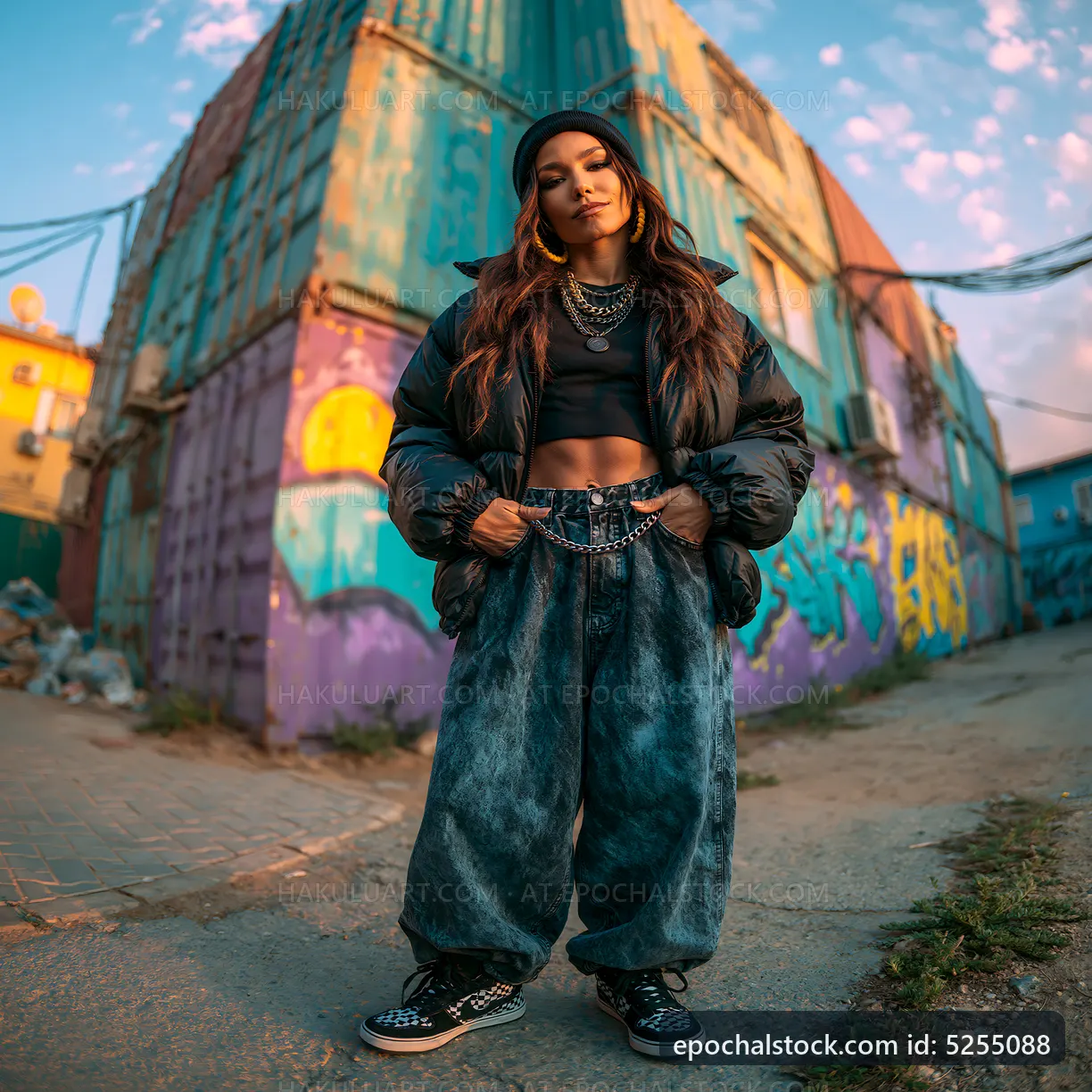 Woman in streetwear outfit poses near colorful shipping containers