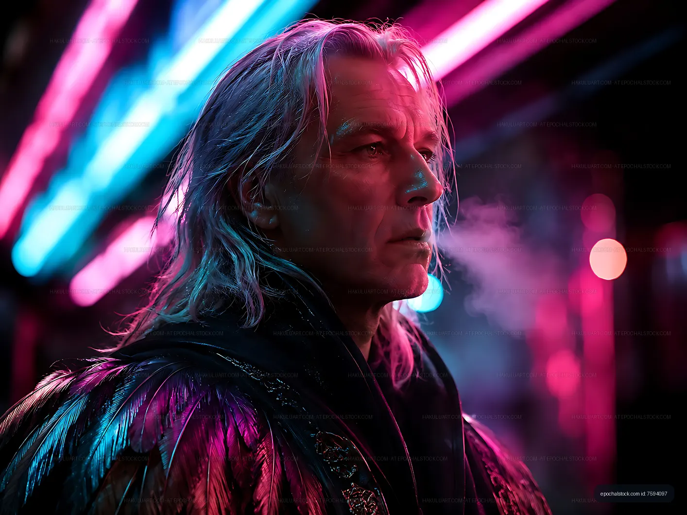 Man with long hair in futuristic setting with neon lights