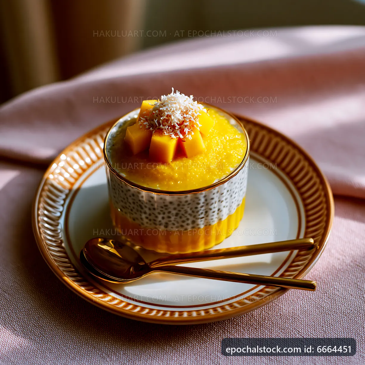 Delicious dessert with mango and coconut in a cozy setting