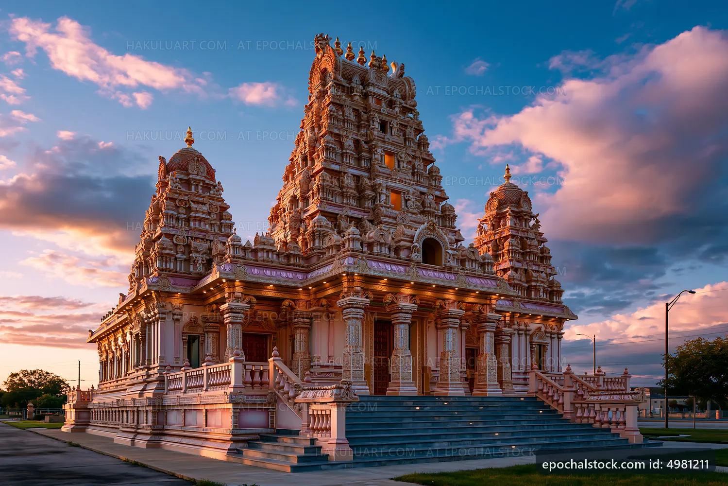 Sunset view of a Hindu temple with intricate architecture