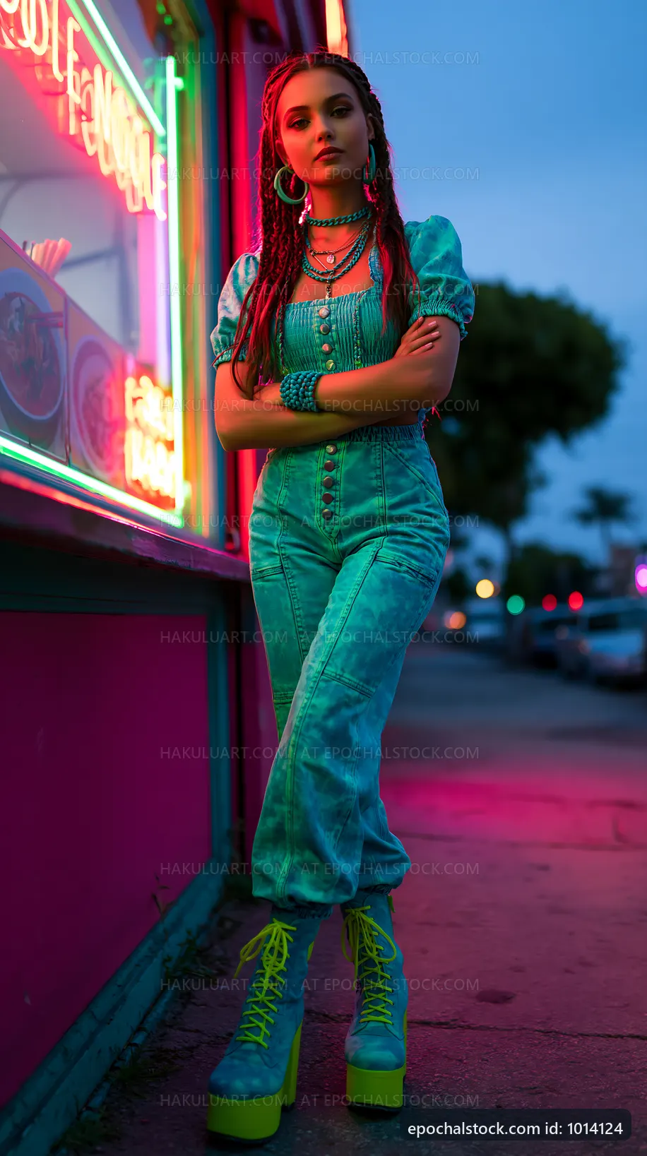 Young woman in vibrant outfit standing near neon-lit cafe