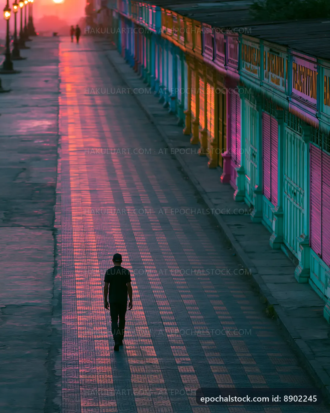 Sunset walk on a quiet street with colorful shopfronts