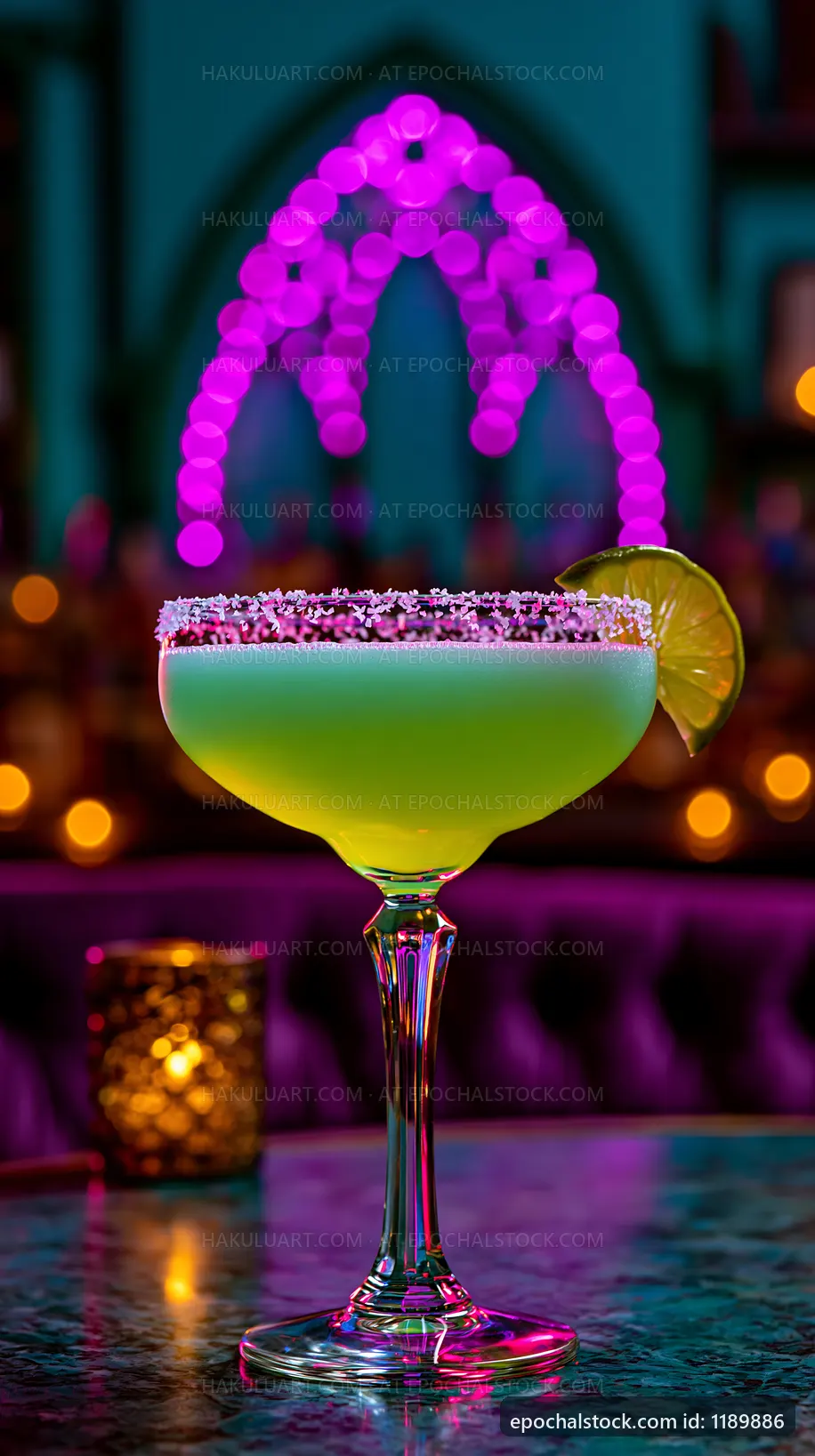 Colorful cocktail with lime slice on bar table