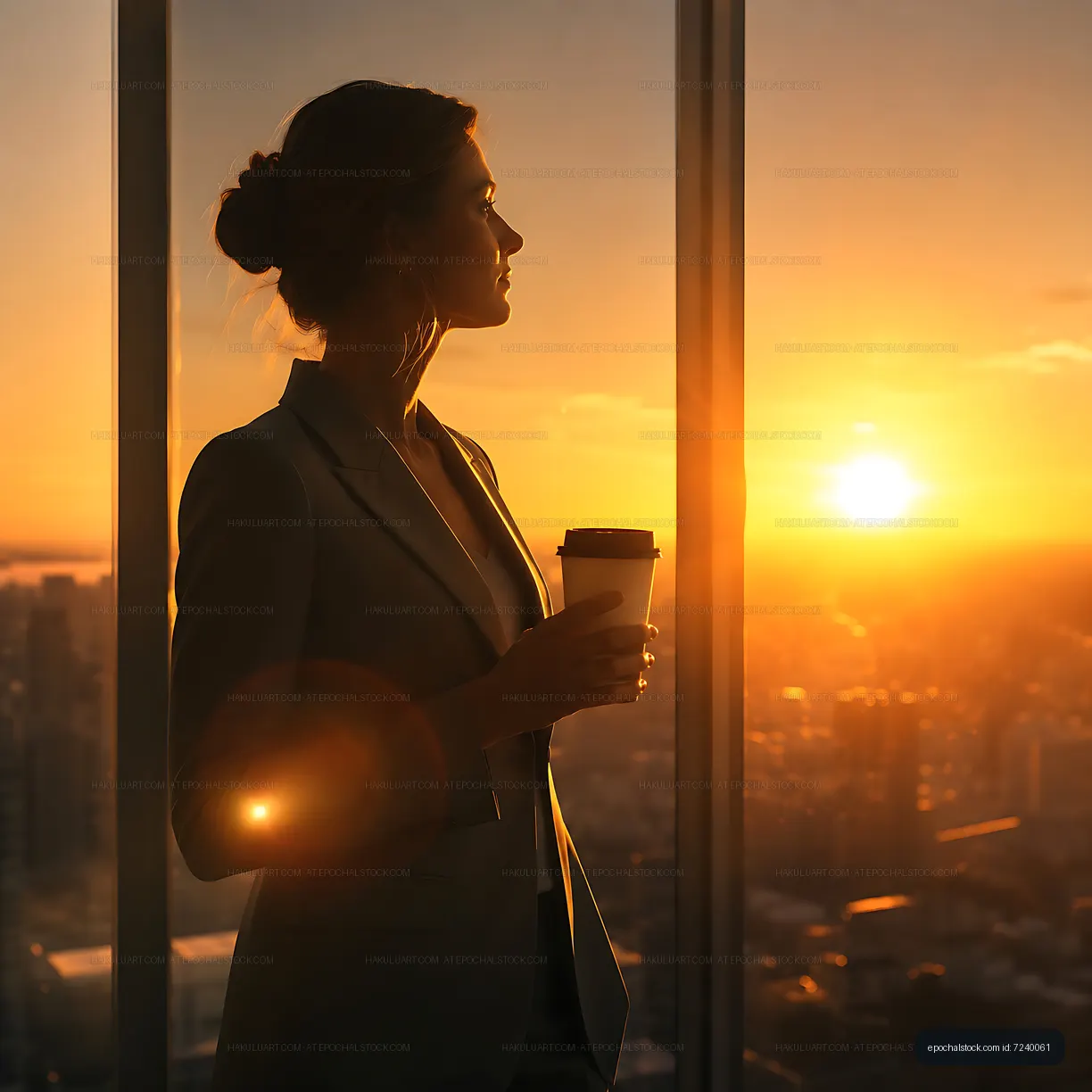 Woman holding coffee cup while looking at sunset from window