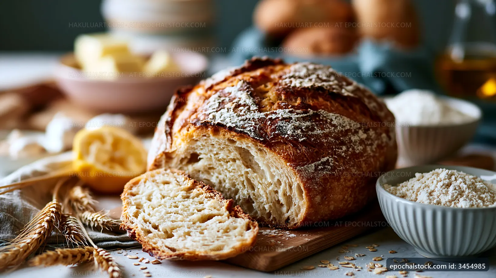 Freshly baked bread on a wooden board with ingredients