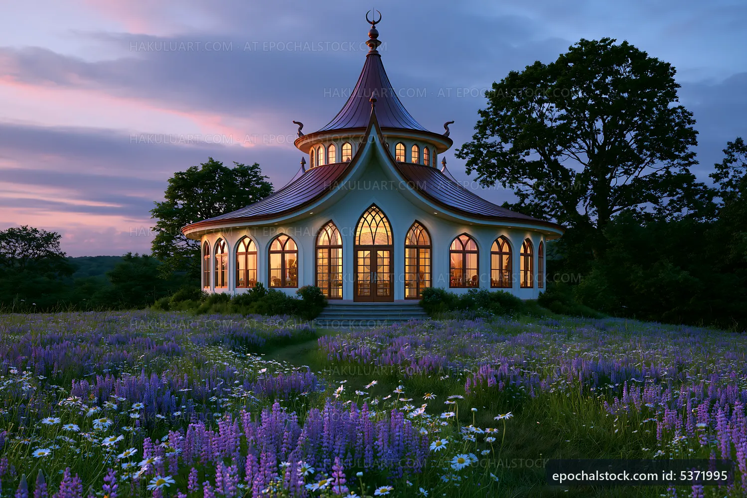 Flower field surrounding a unique architecture at dusk