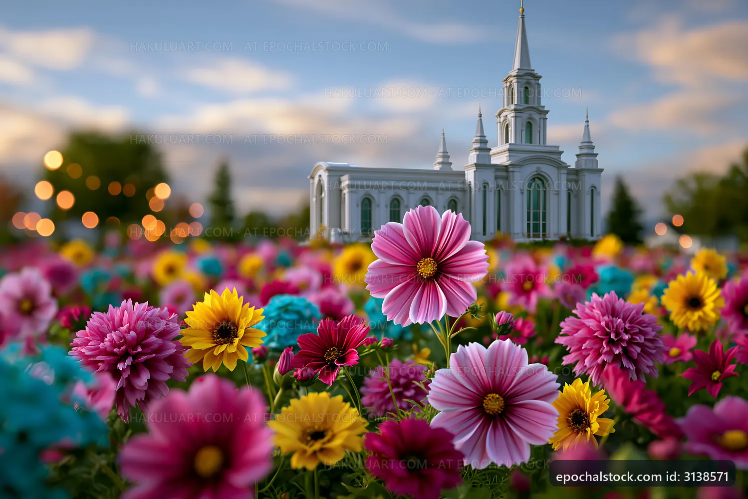 Colorful flowers in a garden near a church at sunset