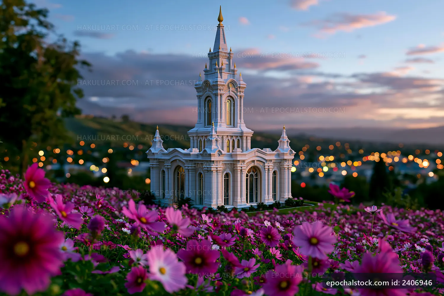 White building surrounded by pink flowers at sunset