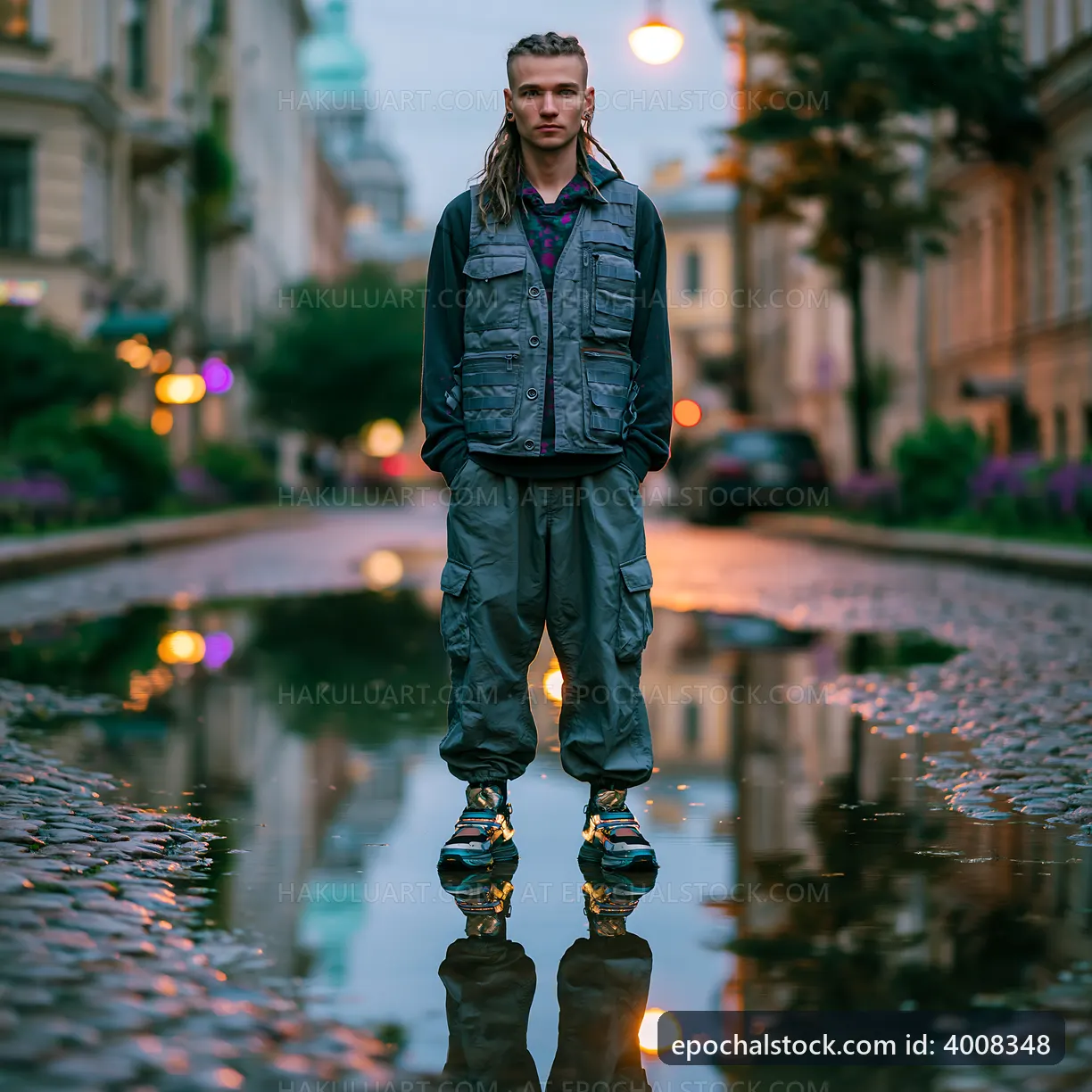 Young man standing on a street with water reflection at dusk
