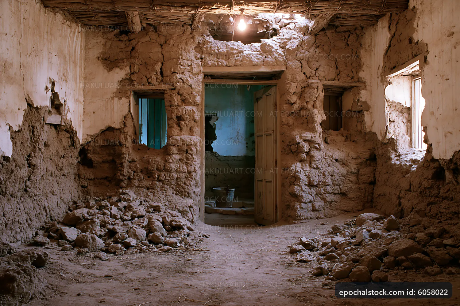 Old rural building with damaged walls and doorway