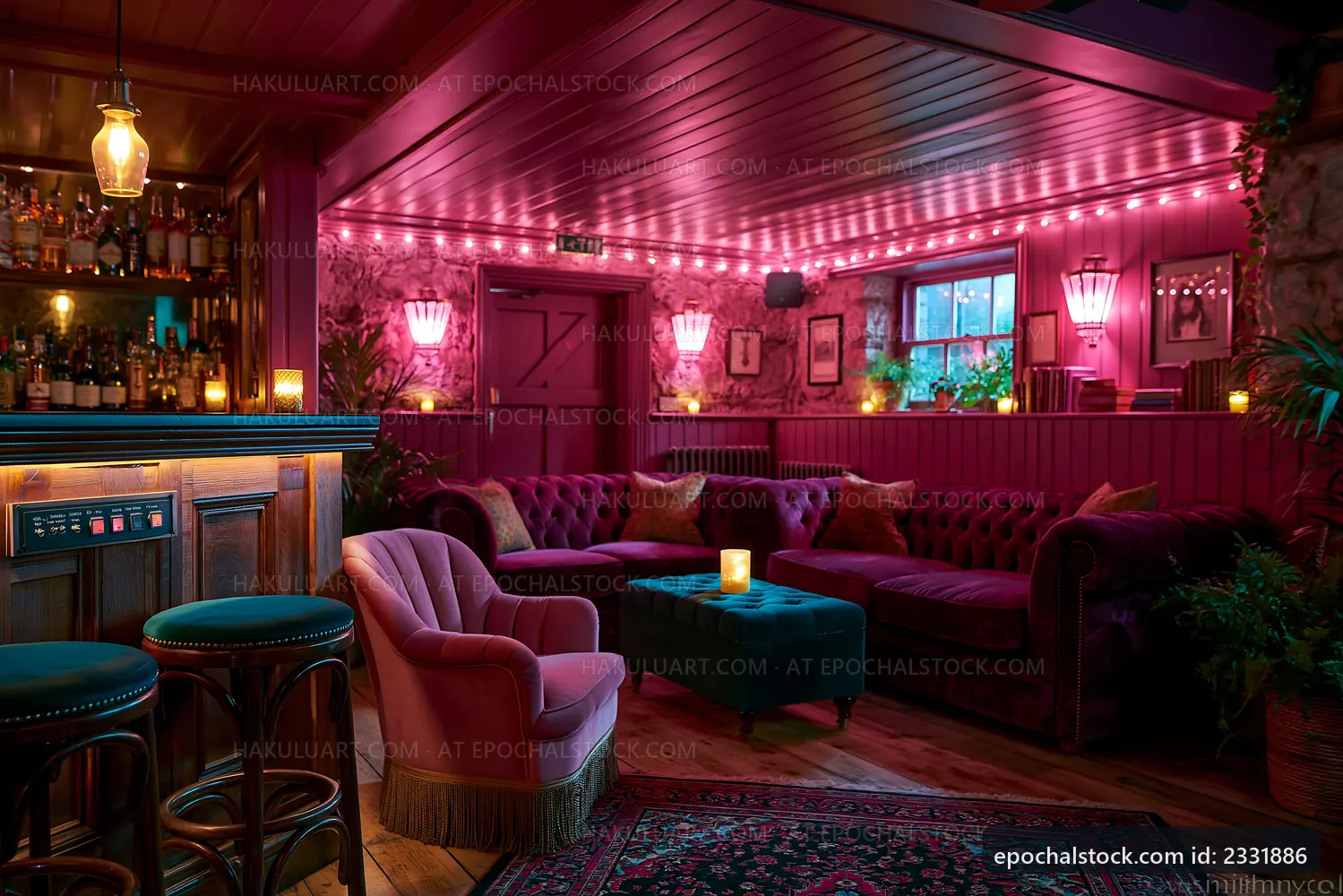 Cozy lounge area with pink lighting and vintage decor
