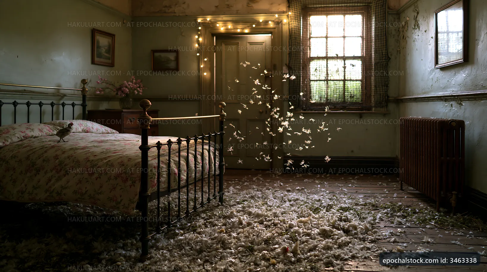 Dust particles float in an old bedroom with a flower bed