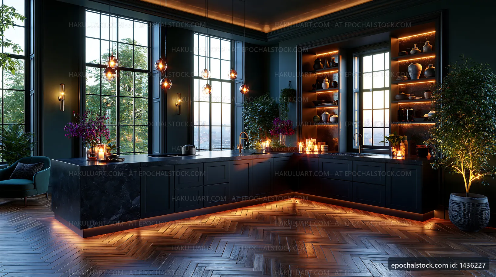 Modern kitchen with ambient lighting and dark decor