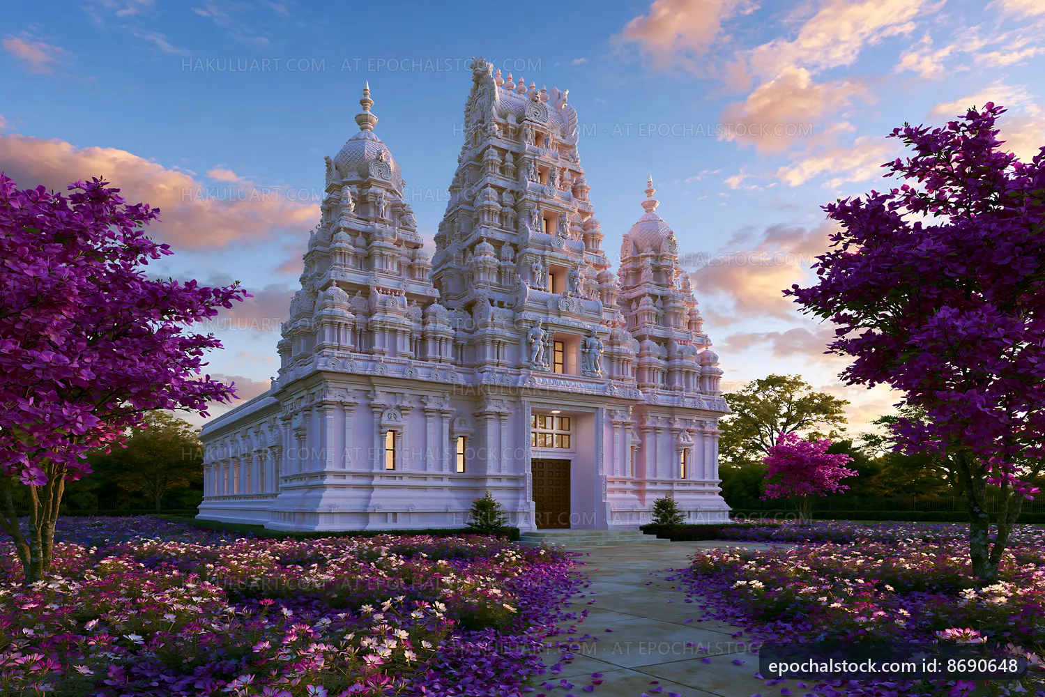 White temple surrounded by colorful flowers at sunset