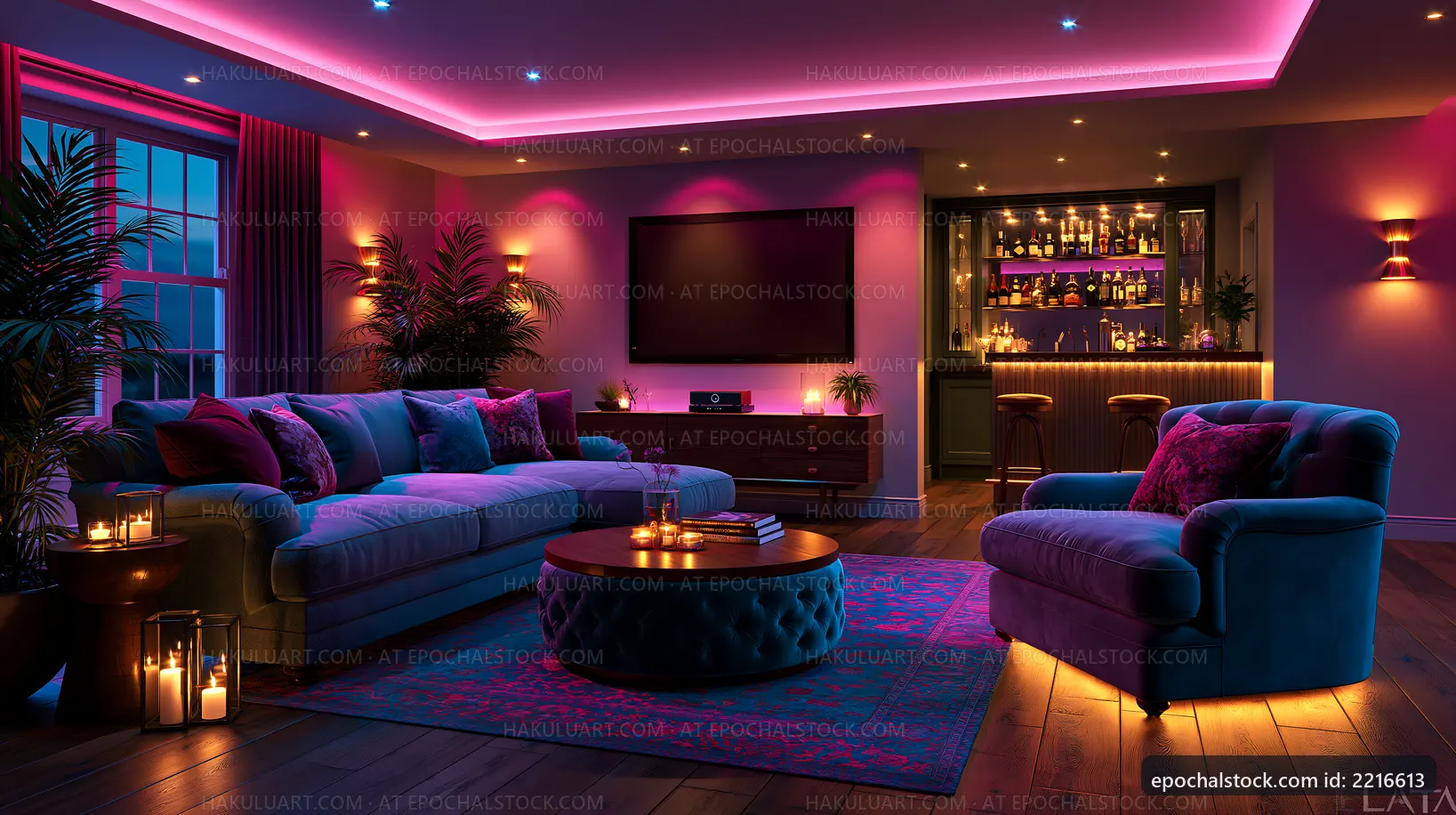 Cozy living room with colorful lights and a home bar setup