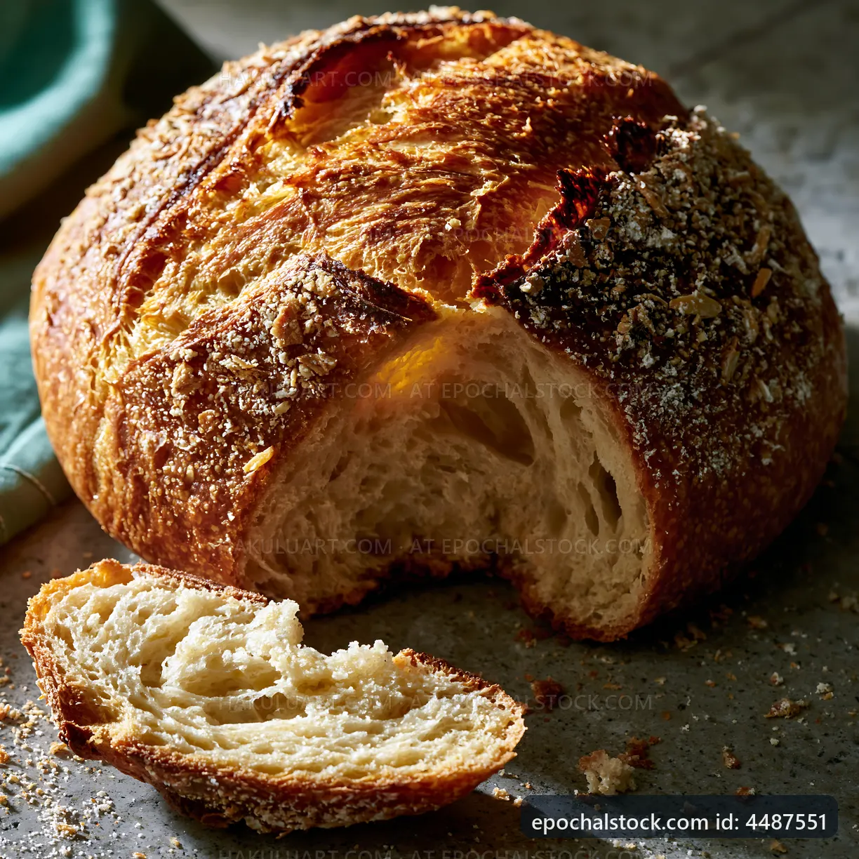 Rustic bread loaf with a slice on a kitchen counter