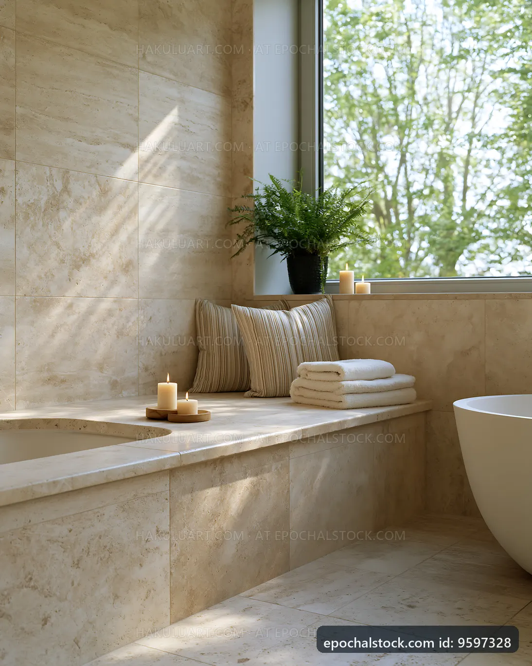 Modern bathroom with candles and plants by window