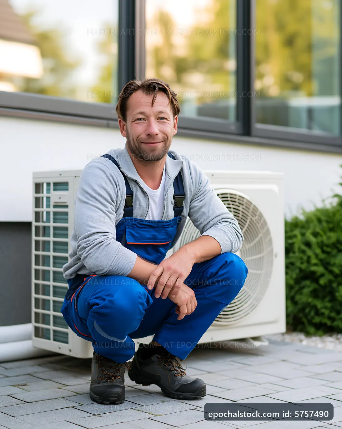HVAC technician performing maintenance near air conditioning unit
