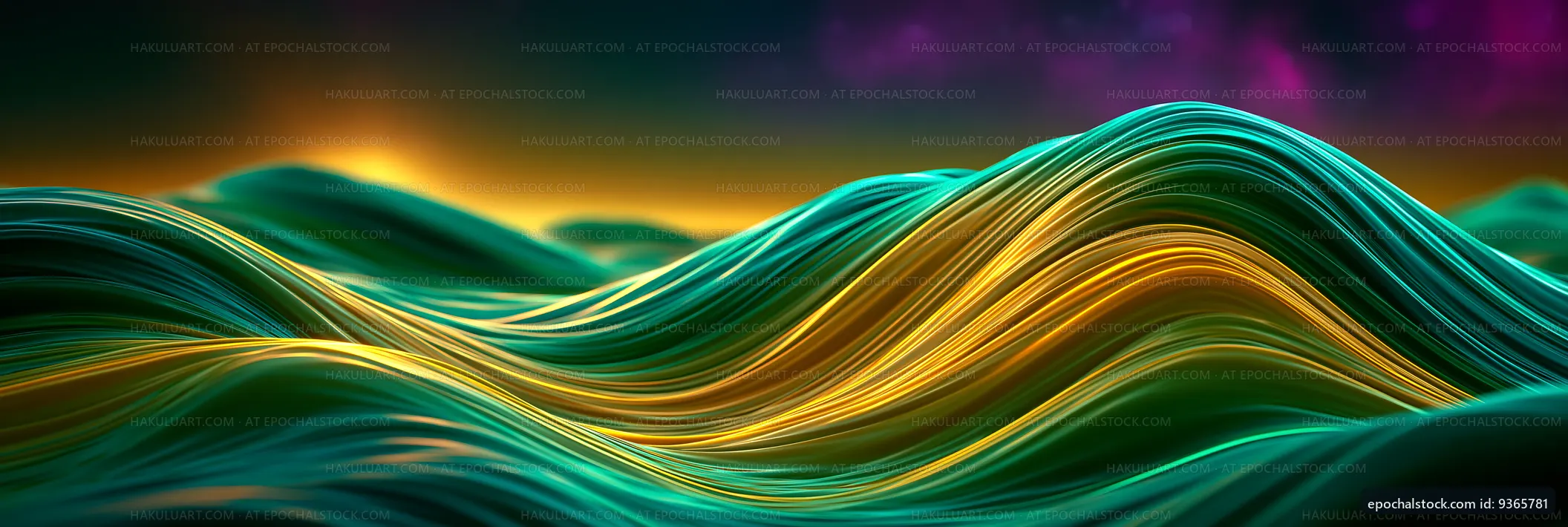 Colorful waves flowing in a vibrant landscape at sunset