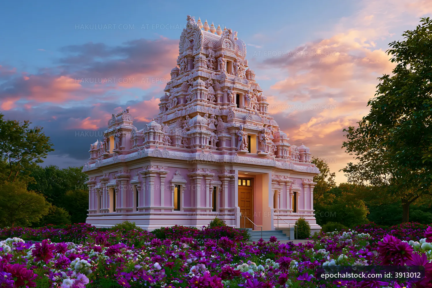 Temple surrounded by flowers at sunset