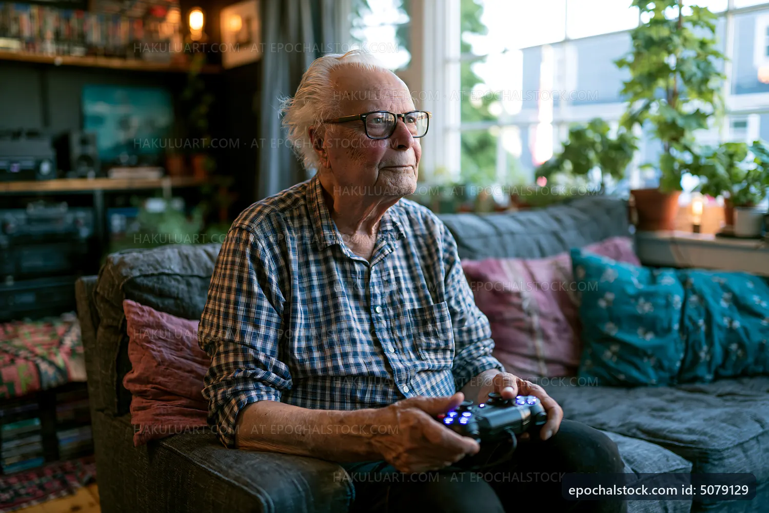 Elderly man playing video games in a cozy living room