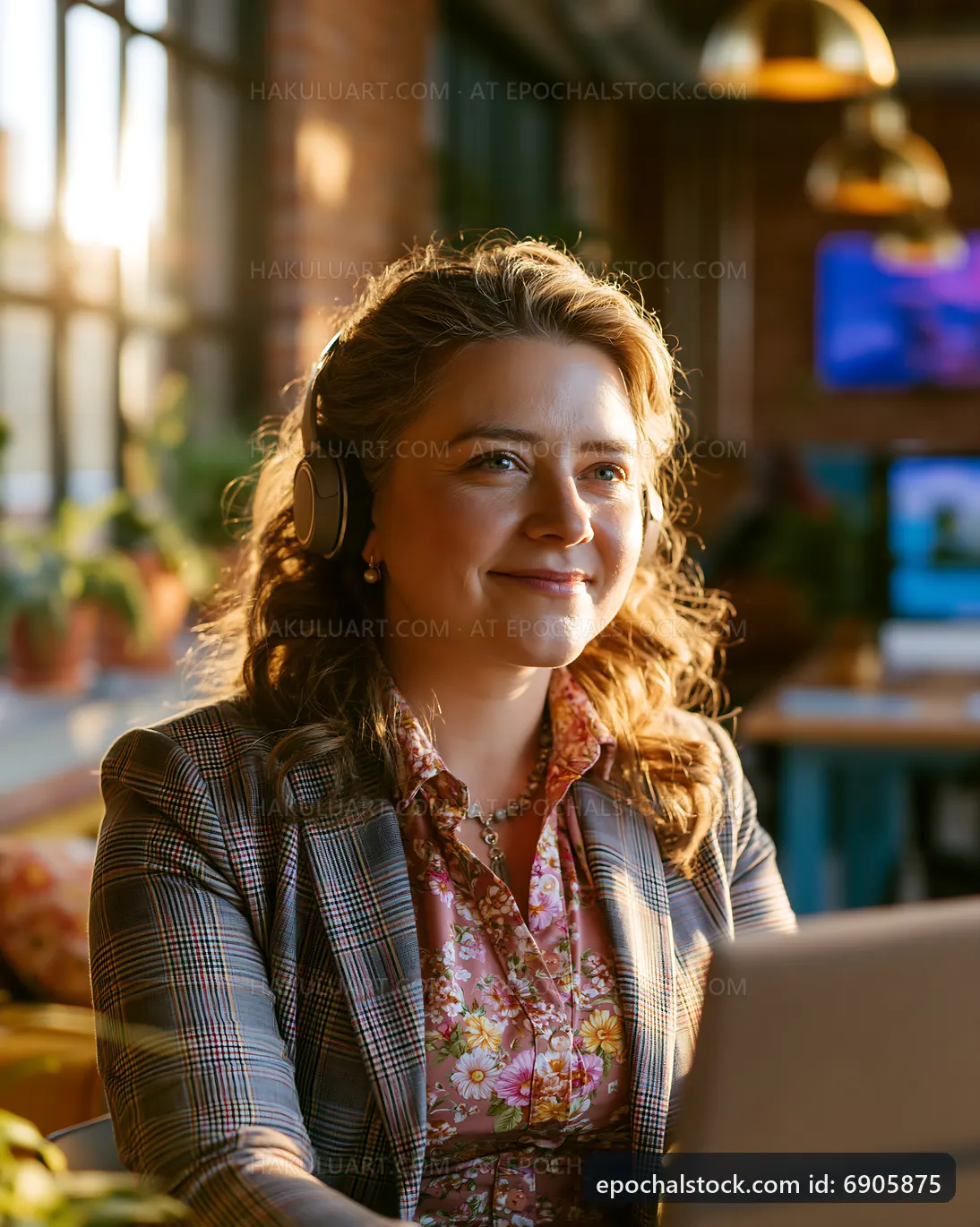 Woman working in a bright office space with a laptop