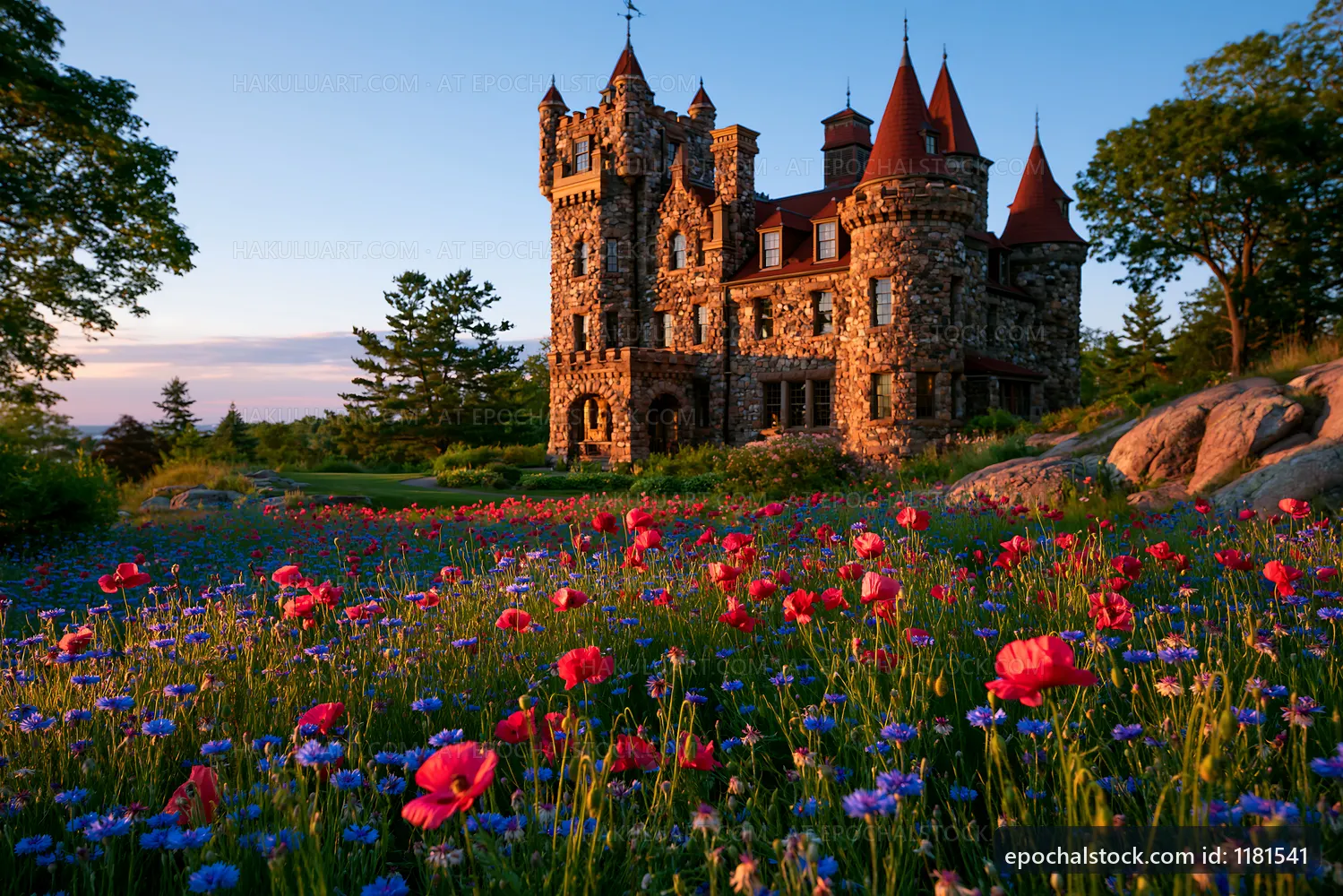 Castle surrounded by colorful flowers at sunset