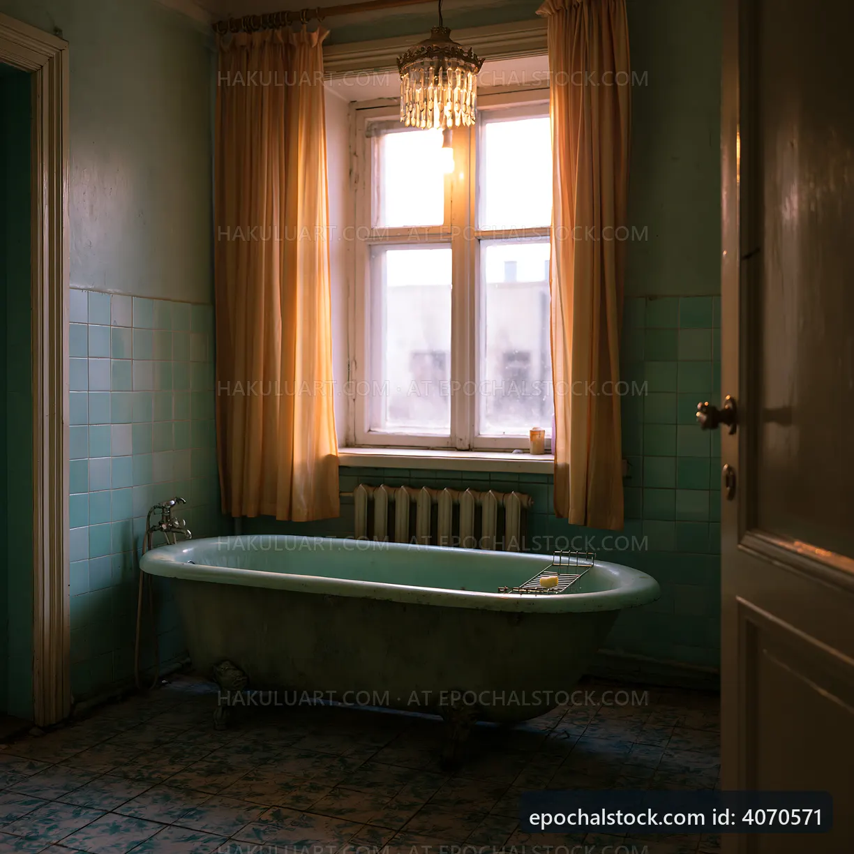 Old-fashioned bathroom with bathtub and natural light