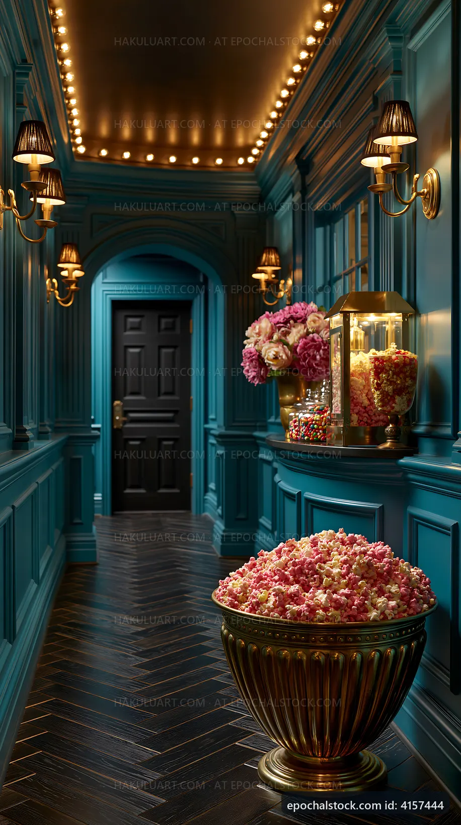 Colorful hallway with popcorn and flowers in a stylish setting