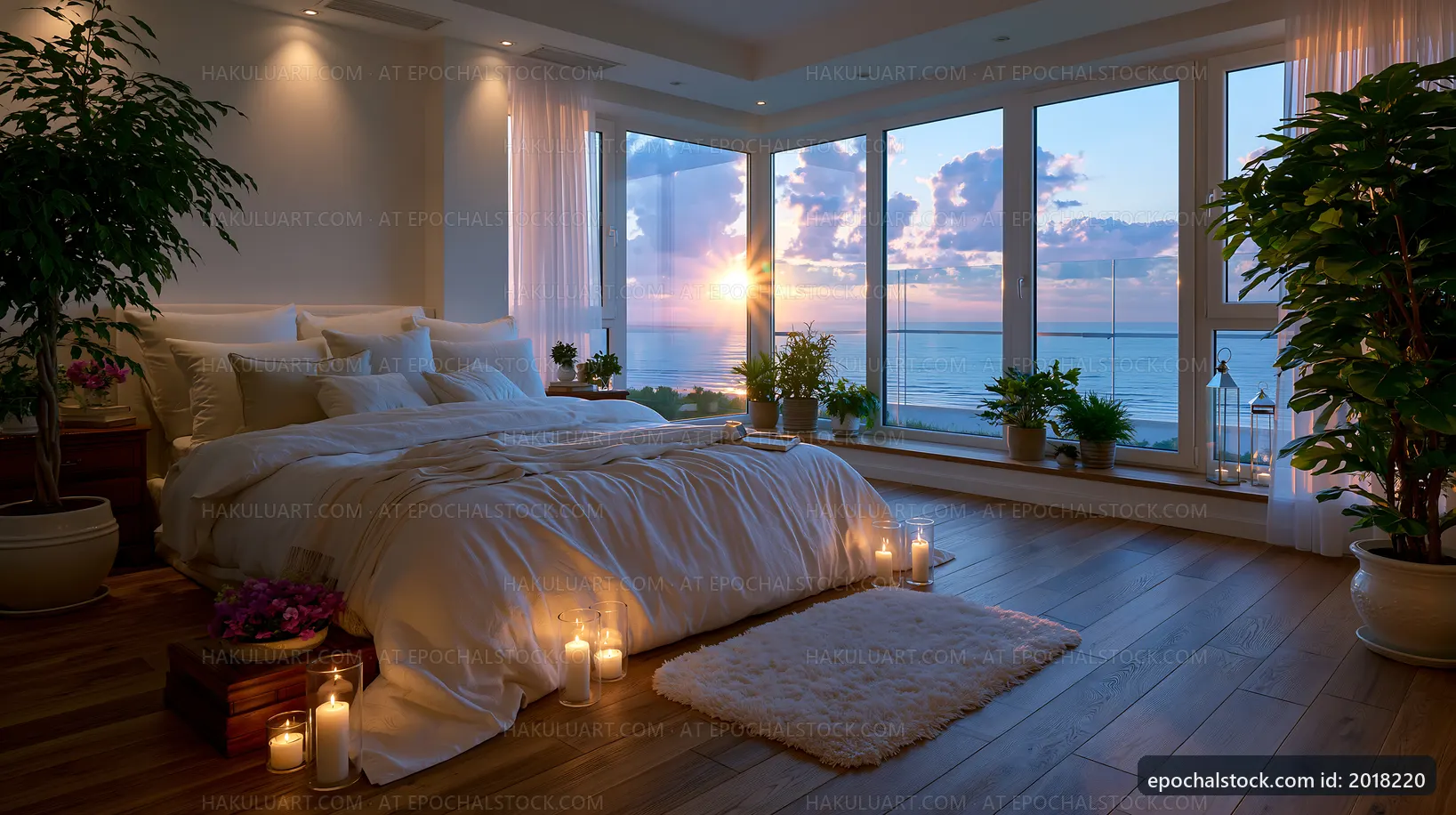Cozy bedroom with sunset view by the sea