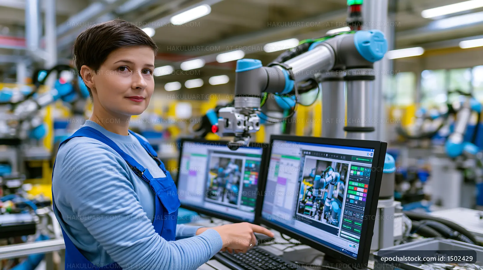 Woman operating robotic equipment in a manufacturing facility