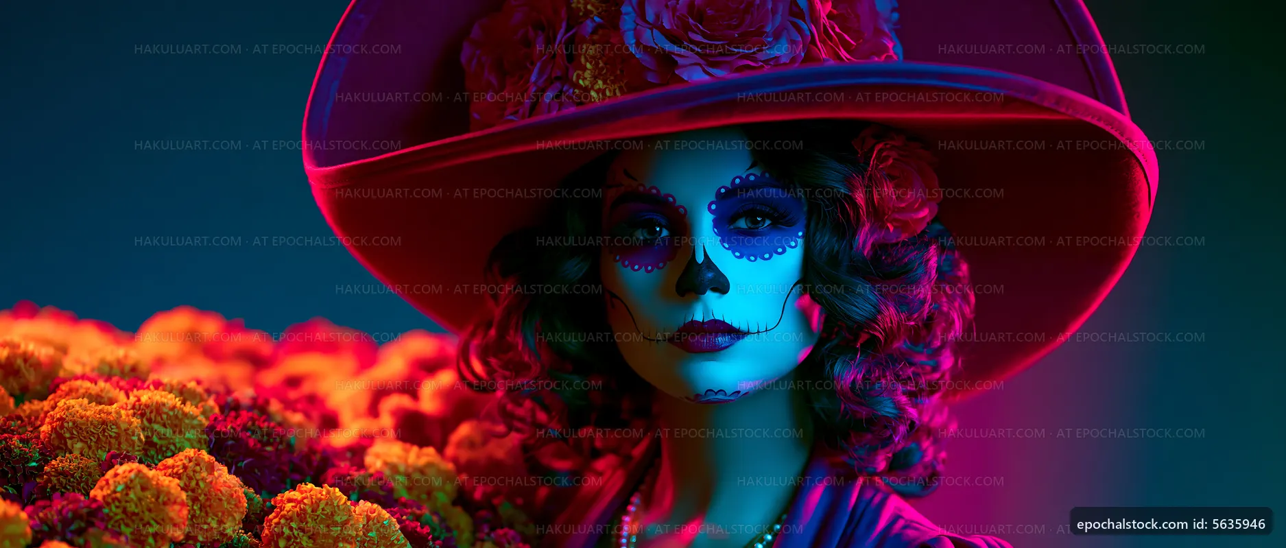 Colorful skeleton portrait with flowers and large hat