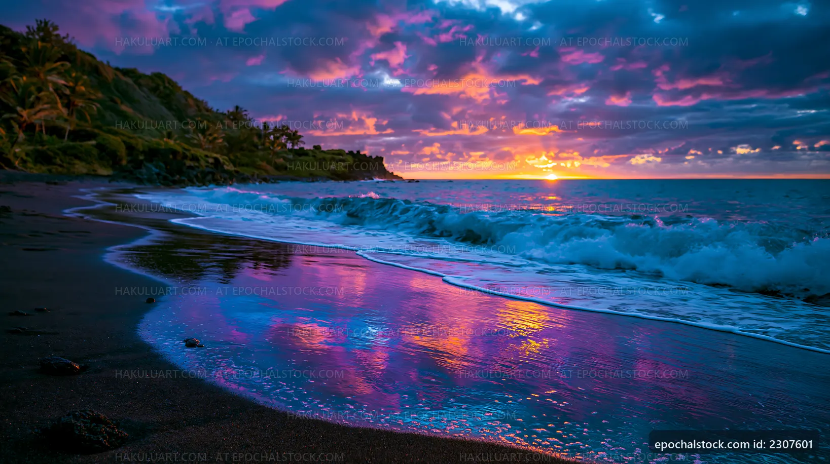 Colorful sunset over ocean with waves on the shore