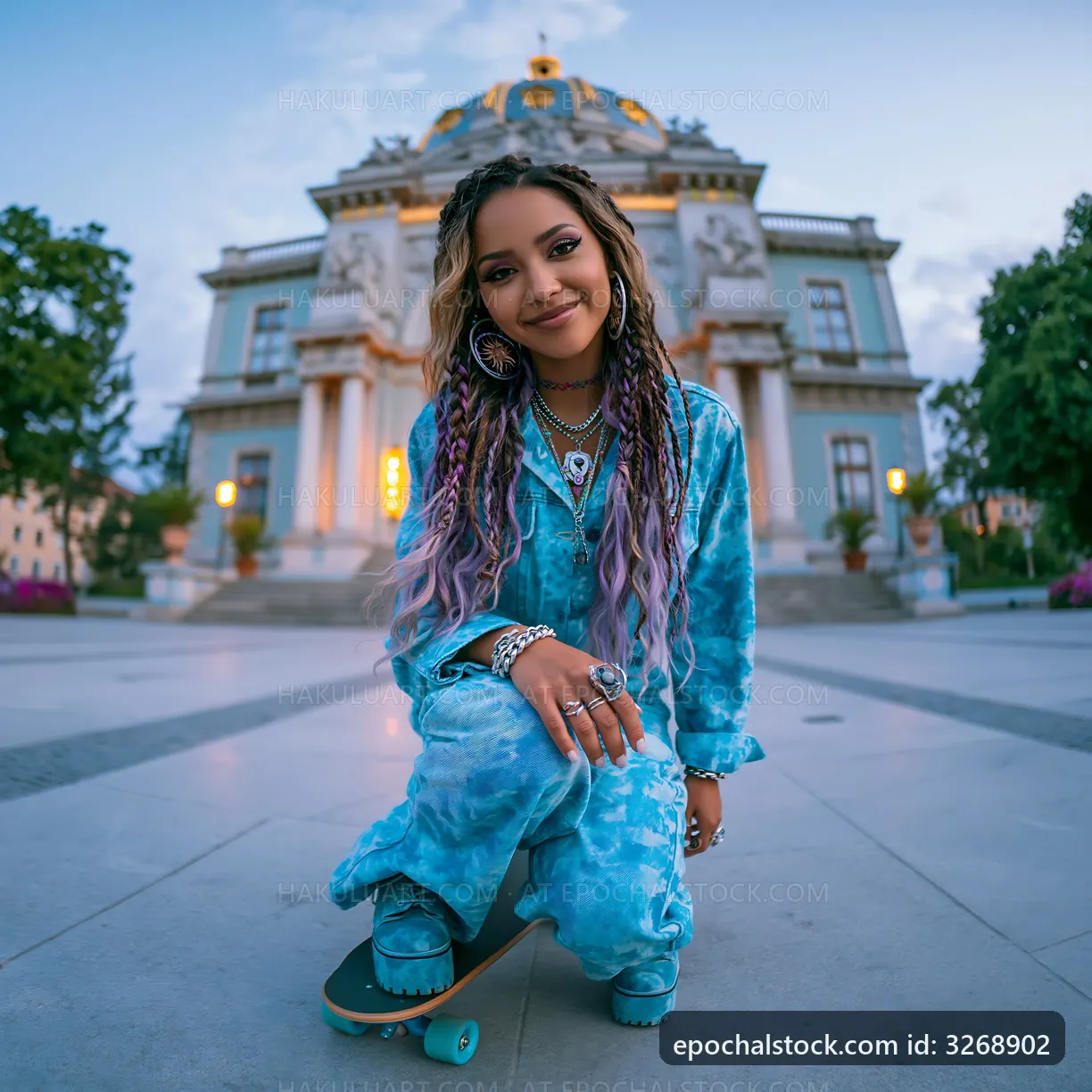 Young woman with skateboard poses near historic building